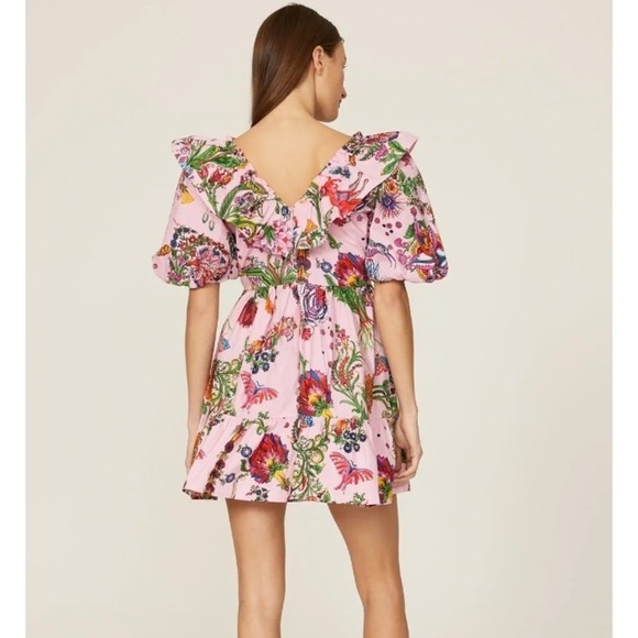 Banjanan Dress Women Large Pink Floral Scorpio Ruffle Puff Sleeve Cottagecore - Picture 3 of 12